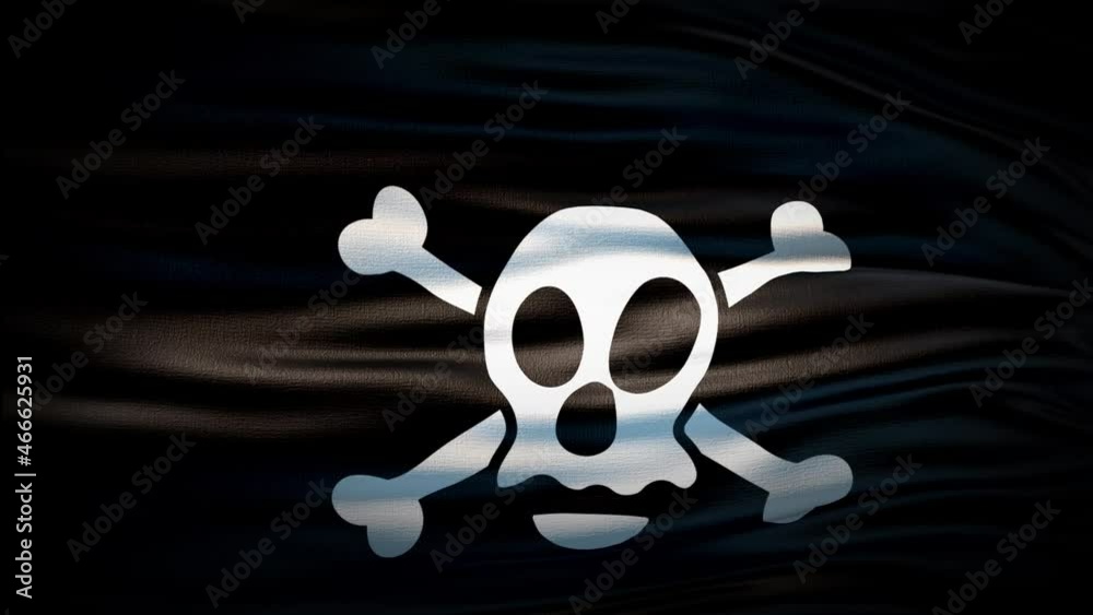 Realistic Pirate flag is waving 3D animation. Sign of Skull and Swords Pirate Seamless Loop Animation. Blackjack flag. Pirate Jolly Roger flag. 4k