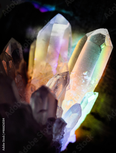 Crystal healing beautiful quartz gem stone. Iridescent natural geometric crystals.