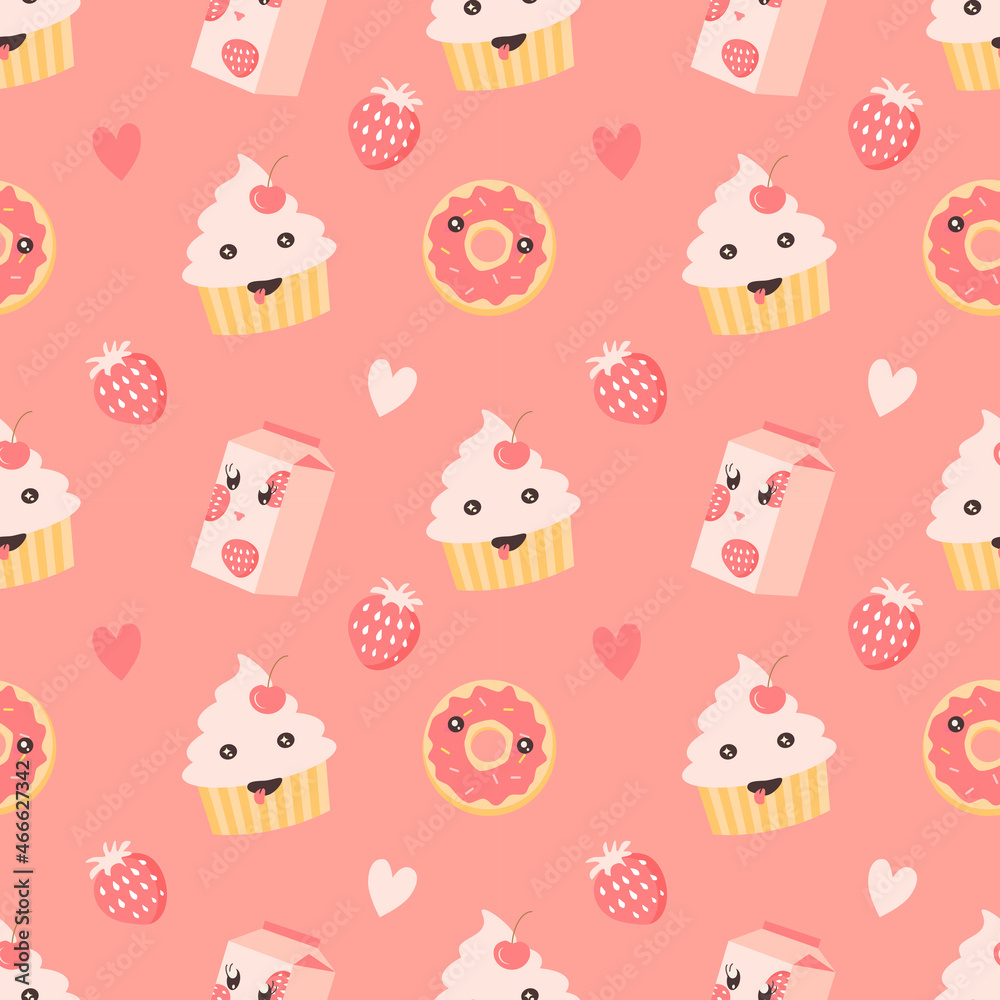 cute vector seamless pattern with kawaii sweets - cupcakes, milkshakes, donuts. pattern in pink colors in flat style for printing onto fabric, packing paper. cute vector seamless pattern with kawaii sweets - cupcakes, milkshakes, donuts. pattern in pink colors in flat style for printing onto fabric, packing paper.