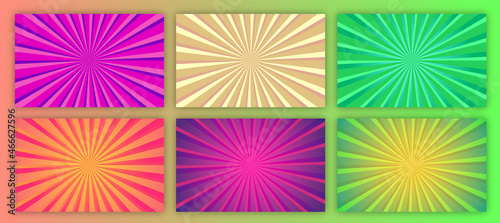 colorful retro set of sunshine abstract background vector. abstract sunburst background in yellow pink green purple and orange shade. Multi color abstract starburst banckground. 