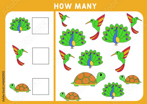 Counting Game for Preschool Children. Educational a mathematical game. Subtraction worksheets. How many objects task. Learning mathematics, numbers, addition theme. Peacock, turtle and hummingbird.