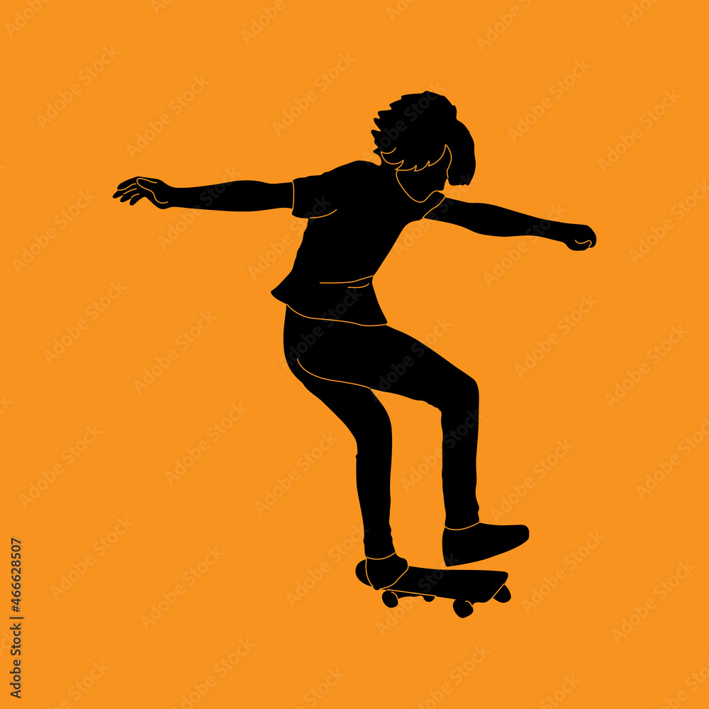 Teenager makes a jump on a skateboard. Black silhouette of a young man with a skate on an orange background. Vector illustration.