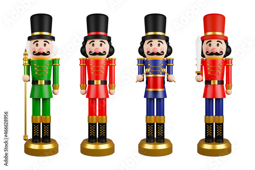 Collection christmas nutcracker toy soldier traditional figurine isolated on white background with clipping path included. 3d rendering photo