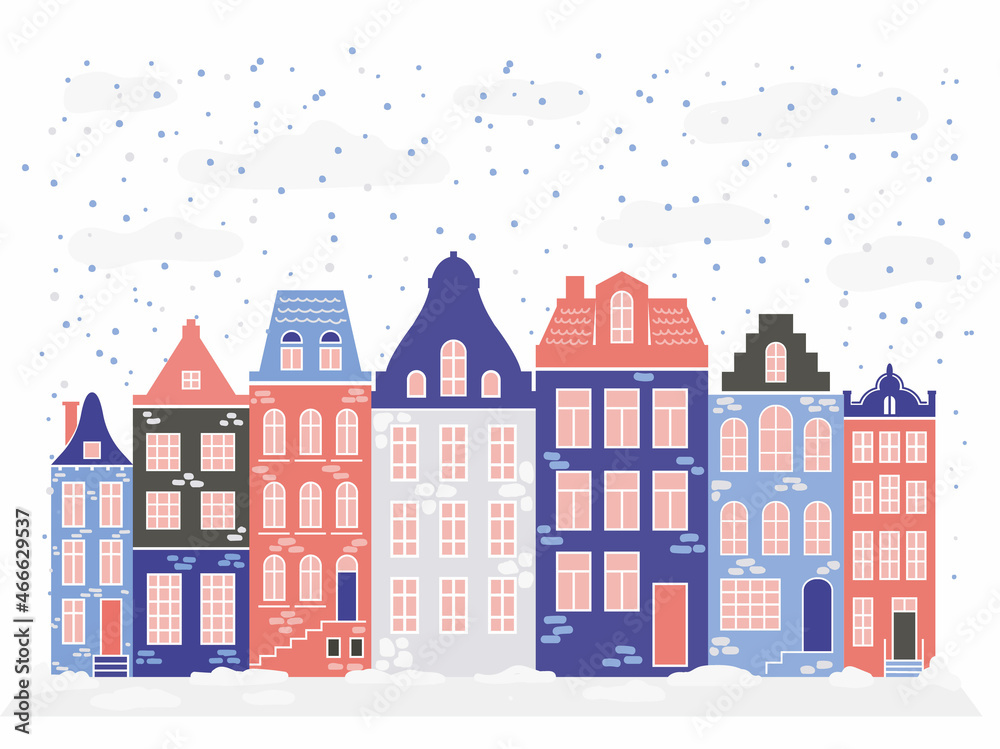 Row of Amsterdam style houses. Facades of European old buildings for Christmas decoration. Vector flat illustration