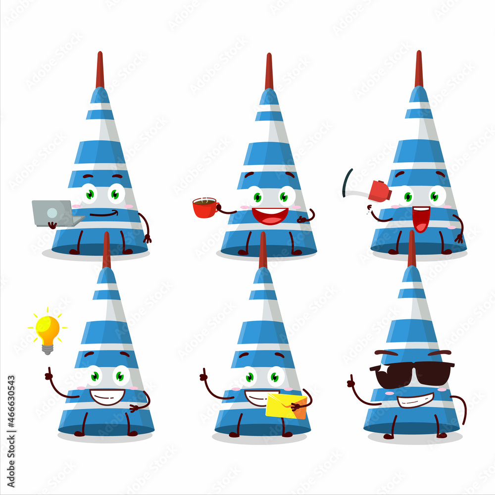 Blue long trumpet cartoon character with various types of business emoticons