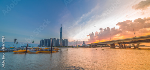 The Landmark 81 - a super-tall skyscraper of Vinhomes Central Park Project, viewed from Binh An waterbus station, Ho Chi Minh city, Vietnam © CravenA