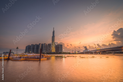 The Landmark 81 - a super-tall skyscraper of Vinhomes Central Park Project, viewed from Binh An waterbus station, Ho Chi Minh city, Vietnam