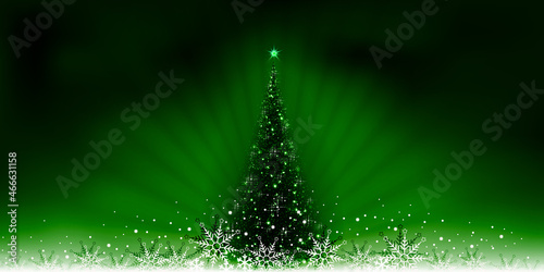 Christmas green composition with a beautiful Christmas tree, shining balls, New Years card.