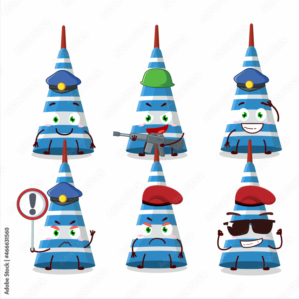 A dedicated Police officer of blue long trumpet mascot design style A dedicated Police officer of blue long trumpet mascot design style