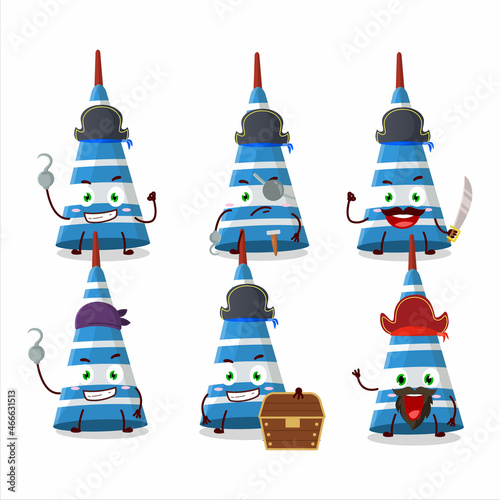 Cartoon character of blue long trumpet with various pirates emoticons