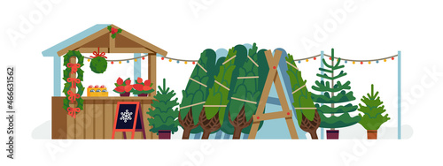 Quality vector illustration on Christmas tree market stall. Winter holidays outdoors scene depicting variety of pine trees displayed for sale at Xmas street market. Buying xmas items and decor 