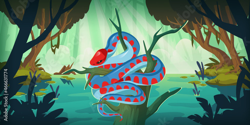 Snake San Francisco garter or Thamnophis sirtalis tetrataenia in forest swamp. Serpent with red head, spots and blue body relaxing on old snag in wood, wild reptile life, Cartoon vector illustration