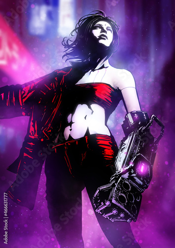 A beautiful cyborg girl with a huge fist looks proudly forward, she has a beautiful slender muscular body, short haircut, red pants and a jacket on her shoulder, on a neon background. 2d comic art photo