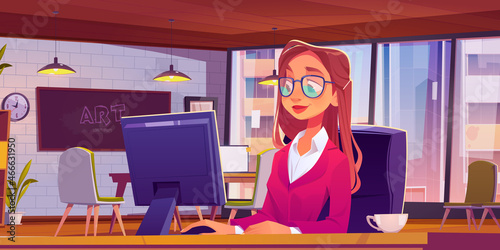 Woman working at loft office or coworking place sitting at desk with computer and cup of coffee. Girl develop art project at workplace with of wide floor-to-ceiling window. Cartoon vector illustration