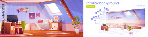 Parallax background girl bedroom interior on attic. Teenager mansard room with unmade bed, window, workspace with computer. Cartoon 2d separated layers for game animation scene, Vector illustration