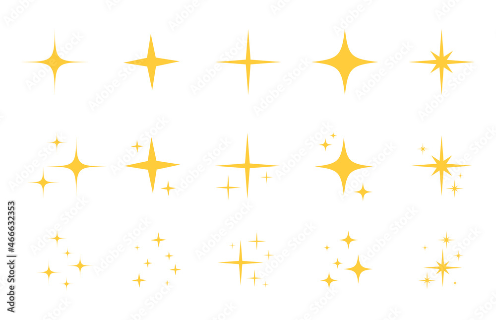 Flash sparkle flat star icon set. Twinkle star silhouette for gold sparkle, yellow glitter light, magic shiny flare effect. Isolated vector illustration.