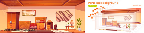 Cowboy bedroom with bed, wardrobe, hat on nightstand and boots. Vector parallax background for 2d animation with cartoon interior of empty room in rural house with wooden furniture