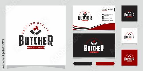 Butcher Shop hand written lettering logo, label, badge, emblem. Template for shop, cover, sticker, print, business works. Vintage retro style.
