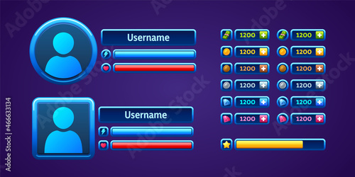 User profile ui game elements with avatar, bars and icons in round and square blue frames. Vector cartoon set of game design interface for display health, power and assets