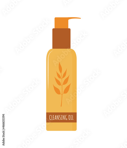 Deep cleansing oil. Skin care. Morning routine. Face makeup removal. Hand drawn beauty product. Vector illustration in flat cartoon style.