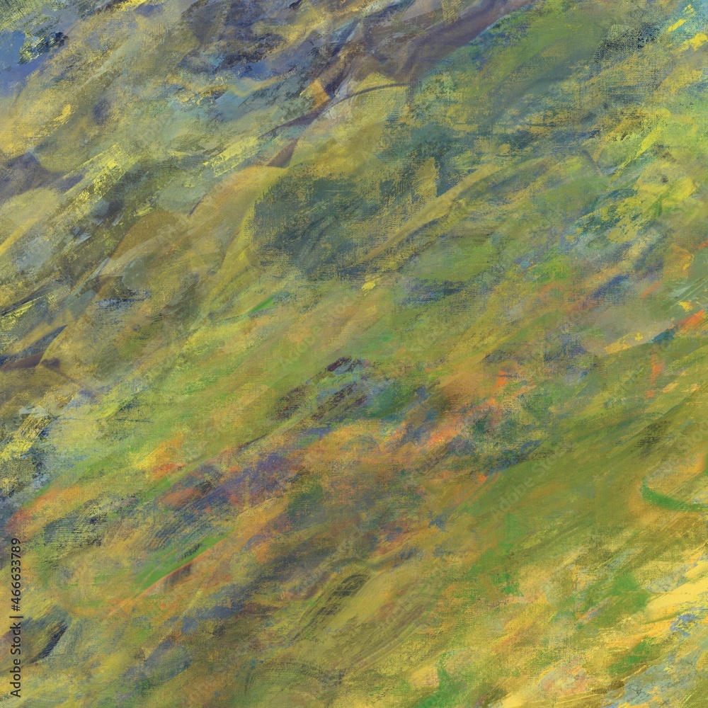 秋の油絵抽象背景）緑系のマルチカラーの筆跡　正方形のバナー　草原のイメージ　ブラシストローク　アート