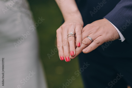 Picture of bride and groom with wedding ring.