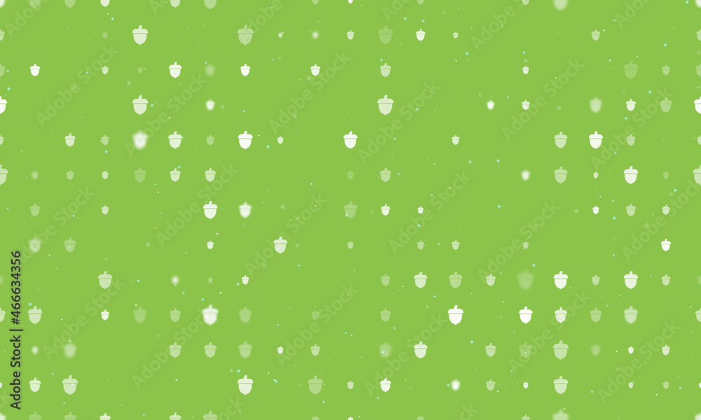 Seamless background pattern of evenly spaced white acorn symbols of different sizes and opacity. Vector illustration on light green background with stars