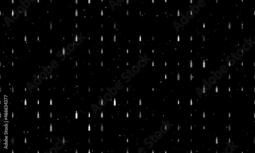 Seamless background pattern of evenly spaced white beer bottle symbols of different sizes and opacity. Vector illustration on black background with stars