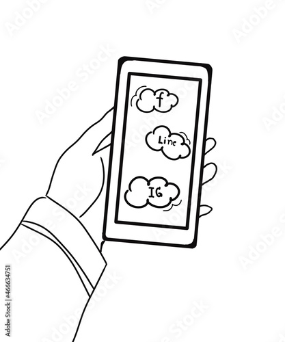 Smart phone playing application on hand line art doodle style illustration photo