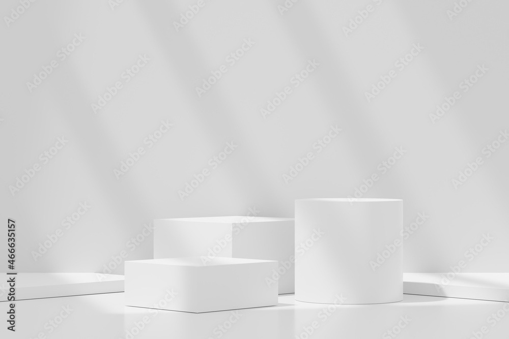 3d abstract background white podium for product presentation and brand advertising with shadow of windows and roof. Empty scene for mock up.