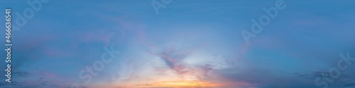 Dark blue sunset sky panorama with Cirrus clouds. Seamless hdr pano in spherical equirectangular format. Complete zenith for 3D visualization  game and sky replacement for aerial drone 360 panoramas.