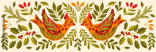 Ornate Christmas 2022 bird animal.Branch leaves elegante xmas design.