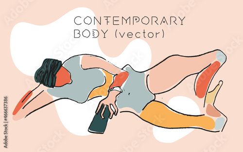 Naked surreal body illustration. Avant-garde female body. Contemporary figure. Minimalist elegant silhouette of girl. Extraordinary linear vector art. Picasso design. Young woman holding smartphone.