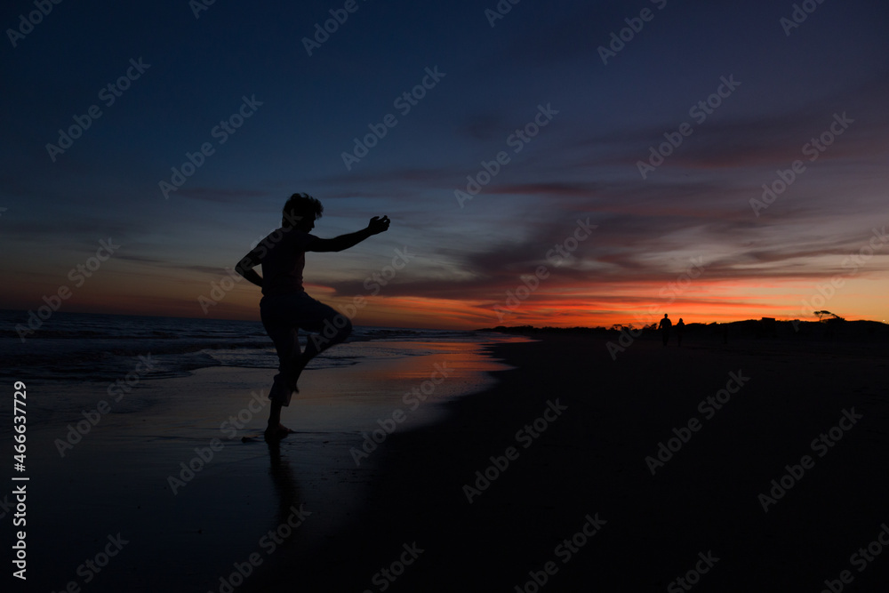 silueta de hombre practicando artes marciales al atardecer en la playa silueta de hombre practicando artes marciales al atardecer en la playa