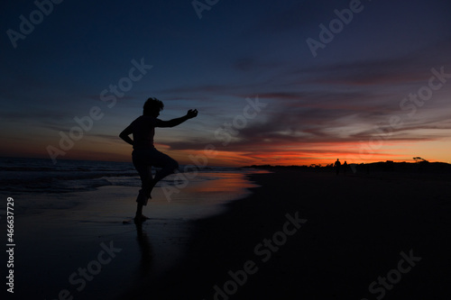 silueta de hombre practicando artes marciales al atardecer en la playa © Galdys V
