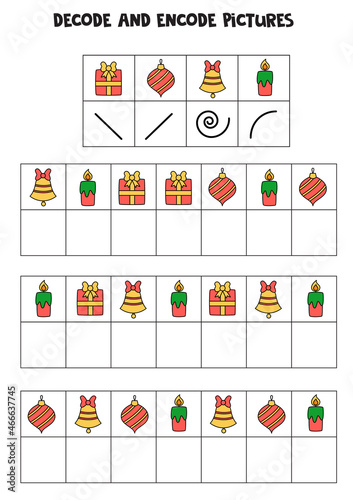 Decode and encode pictures. Write the symbols under Christmas pictures. photo