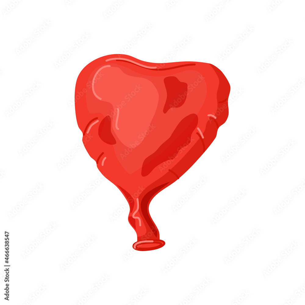 Deflated balloon. Red heart. Elements of festive decor. Icon. Vector cartoon illustration