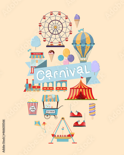 Vertical flyer template for carnival or festival with ferris wheel, piret ship, amusement train ride, circus tent, air balloon and more. Vector illustration in flat style.