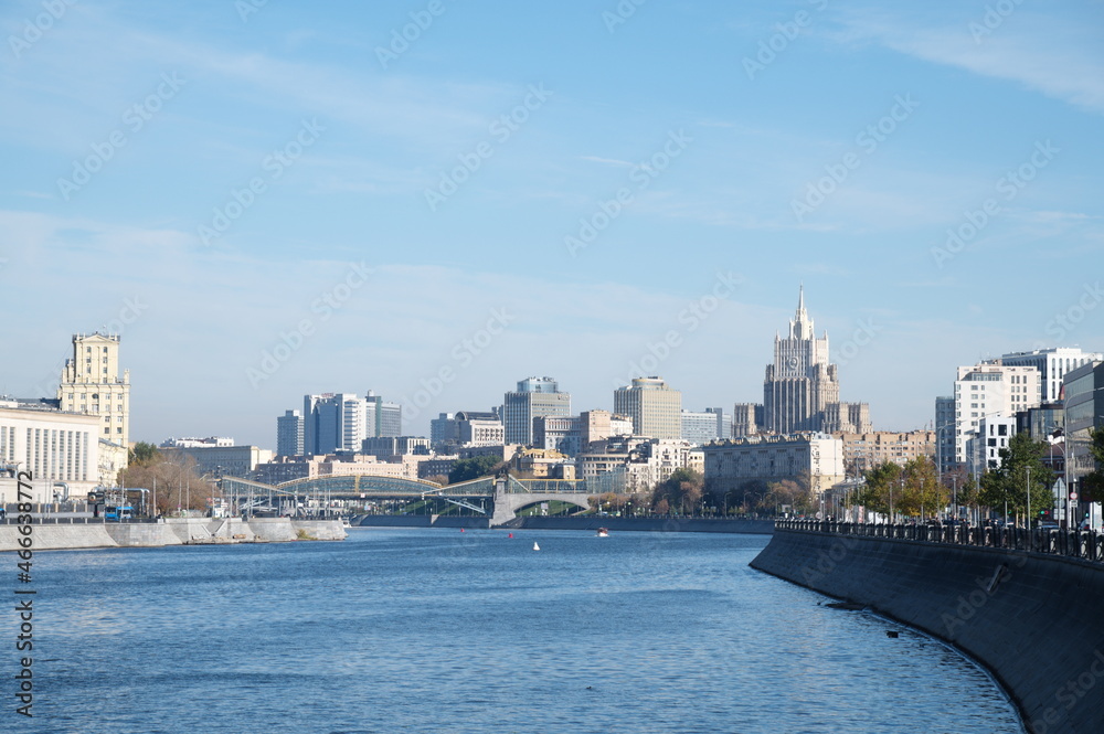 Moscow, Russia - October 9, 2021: Autumn view of the Bogdan Khmelnitsky Bridge, Berezhkovskaya and Rostovskaya embankments