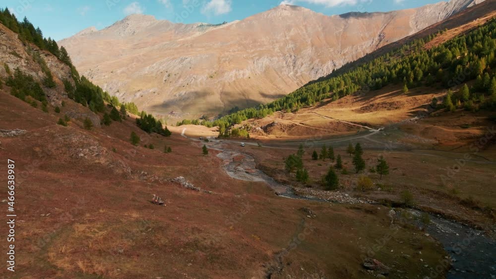 Scenic Landscape Of The Argentera Valley In Piedmont Italy On A Sunny Day Of Autumn - aerial drone shot Scenic Landscape Of The Argentera Valley In Piedmont Italy On A Sunny Day Of Autumn - aerial drone shot