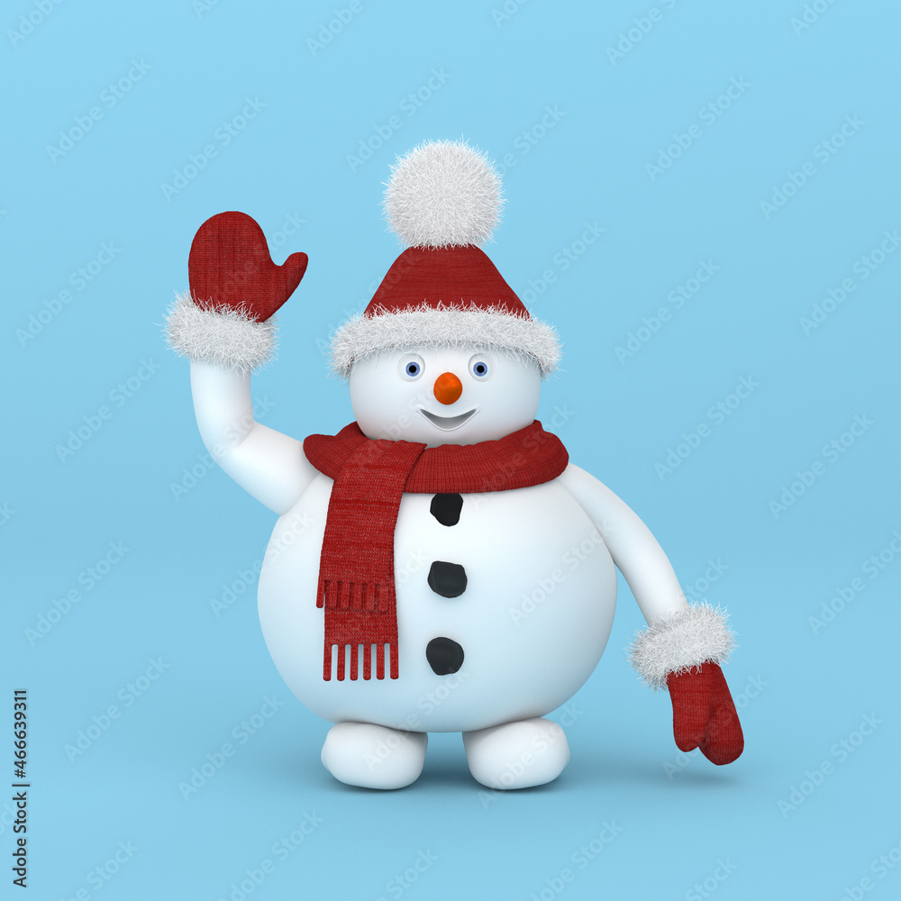 Cartoon character snowman greets and smiles in a red Santa Claus hat like an isolate on a blue background. 3D Render