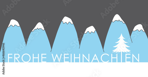 frohe weihnachten, deutsch, vor blauer Berglandschaft, cartoon