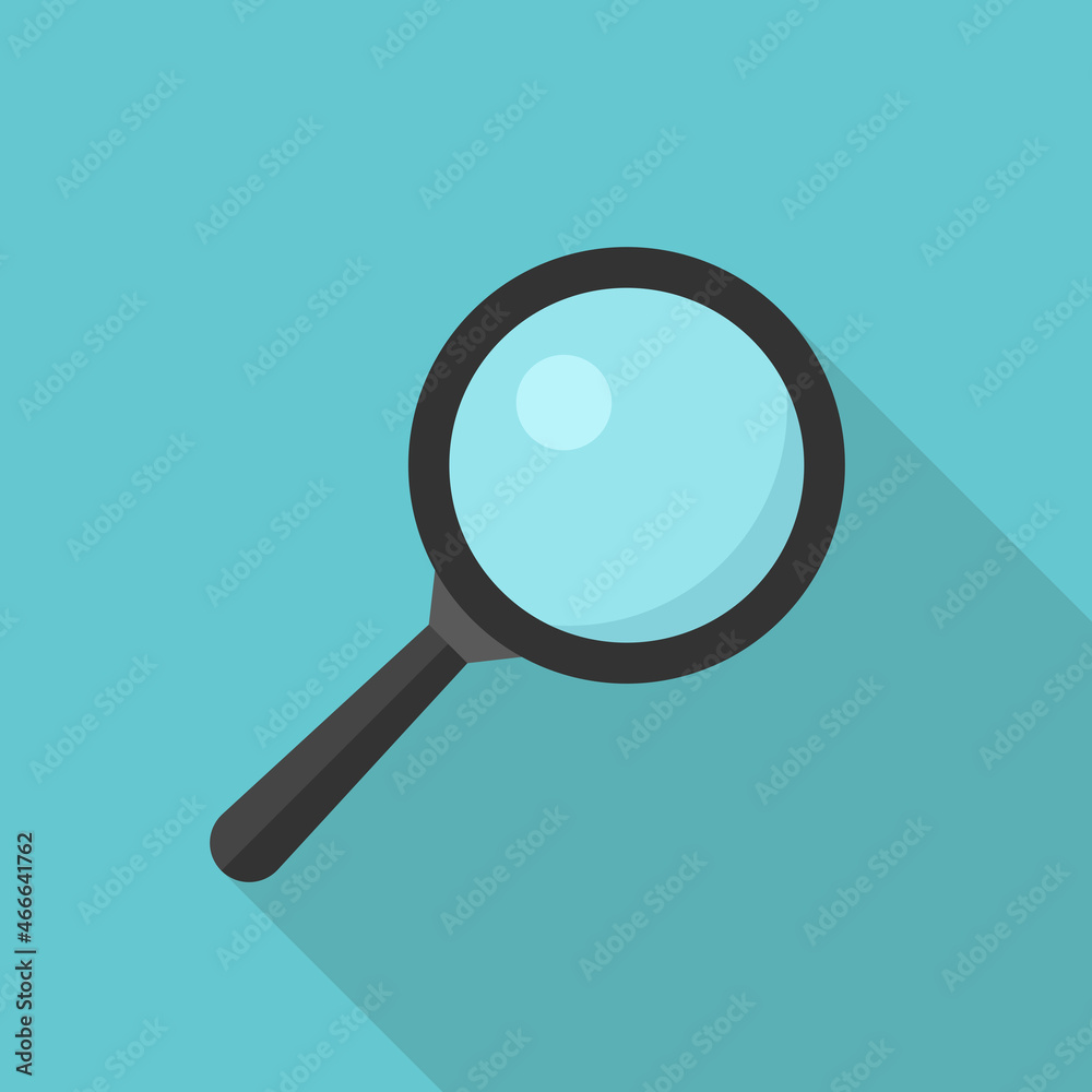 Magnifier glass on turquoise blue with long shadow. Search, research, focus, view, investigation, SEO and web concept. Flat design. EPS 8 vector illustration, no transparency, no gradients Magnifier glass on turquoise blue with long shadow. Search, research, focus, view, investigation, SEO and web concept. Flat design. EPS 8 vector illustration, no transparency, no gradients