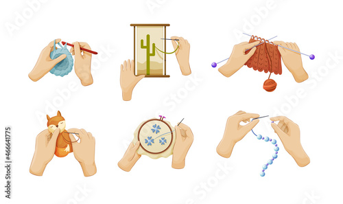 Needlework embroidery set. Human hands sewing, knit, weave from beads use needle, fabric
