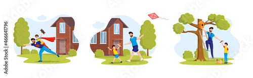 Man and child in superhero costumes playing game together, hanging birdhouse on tree, run across field launching a kite in countryside.