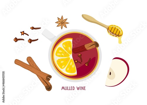 Mulled wine. Warm beverage mug with slices of orange, apples, cinnamon, anise, cloves, honey. Colorful Vector illustration in flat style on white background for menu, Christmas card