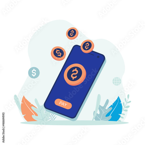 Pay per click, mobile marketing, digital marketing, affiliate illustration concept. Smartphone with dollar coin vector flat.