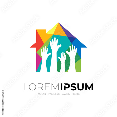 Hand care logo with house design community, social icon
