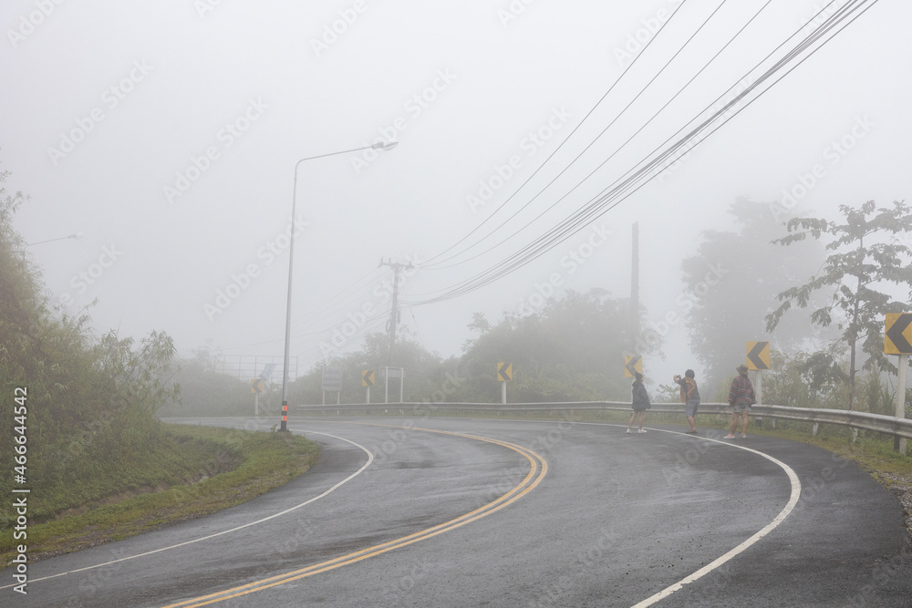 Doi Phu Kha Viewpoint on 1715 road, Nan province, Thailand with full of mist during rainy season. Doi Phu Kha Viewpoint on 1715 road, Nan province, Thailand with full of mist during rainy season.
