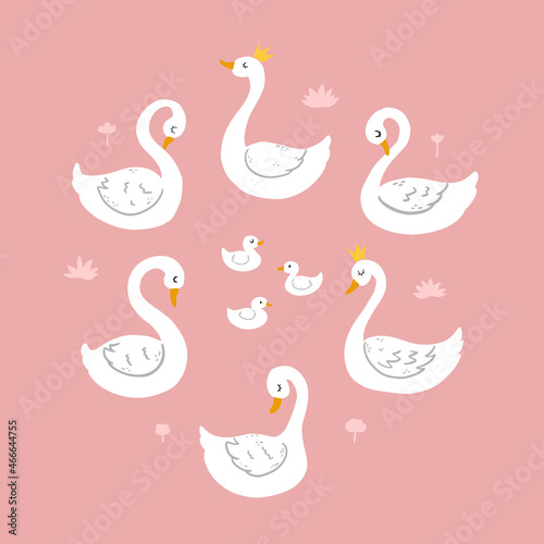 Set of hand drawn swans isolated on pink background. Good for stickers, posters, prints, cards, kids apparel, etc. EPS 10